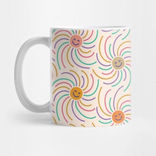 Cute boho illustration of happy suns with smiling faces dancing around. Mug